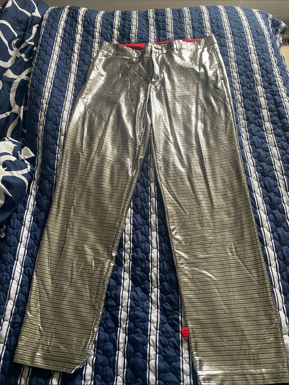 Betabrand Men's Silver Metallic Stretch Dress Pants with Red Trim